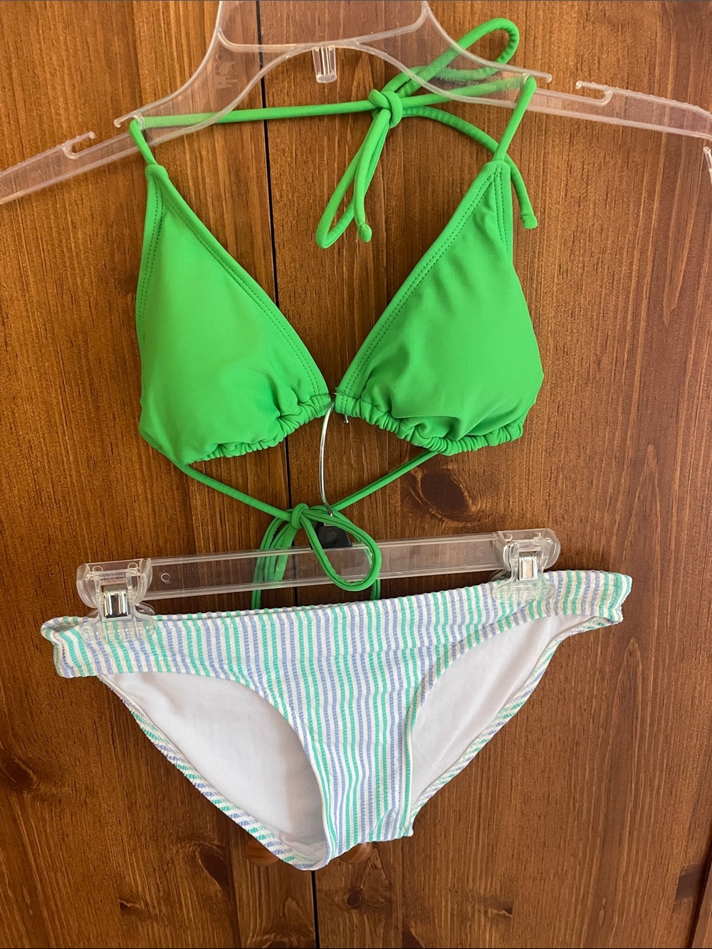 Green Triangle Bikini Top with Pastel Striped Bottom - Women Swim